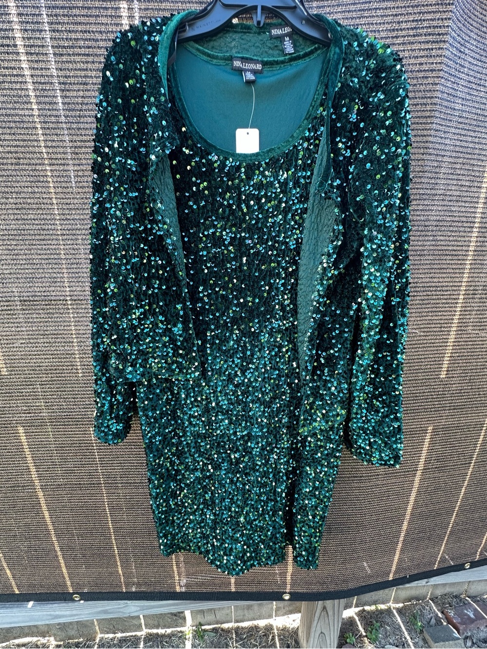 Nina Leonard Green Sequin Dress and Jacket Set. Size M. NWT